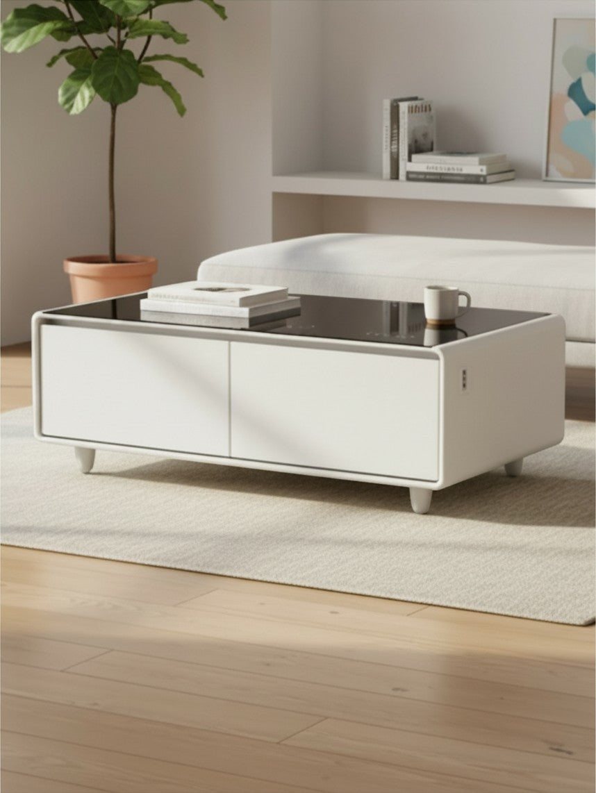 Table basse intelligente TOCO Meubles Party Time blanche avec plateau en verre noir et deux tiroirs de rangement