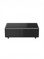 Table basse intelligente noire TOCO Meubles Party Time avec deux tiroirs et panneau de commande tactile intégré.