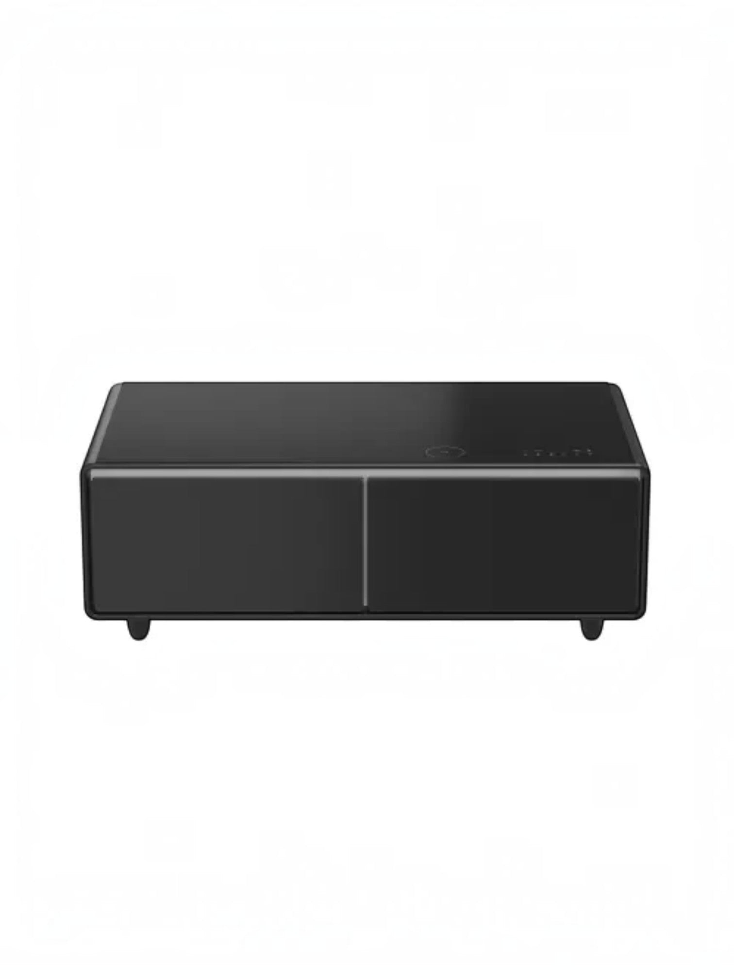 Table basse intelligente noire TOCO Meubles Party Time avec deux tiroirs et panneau de commande tactile intégré.