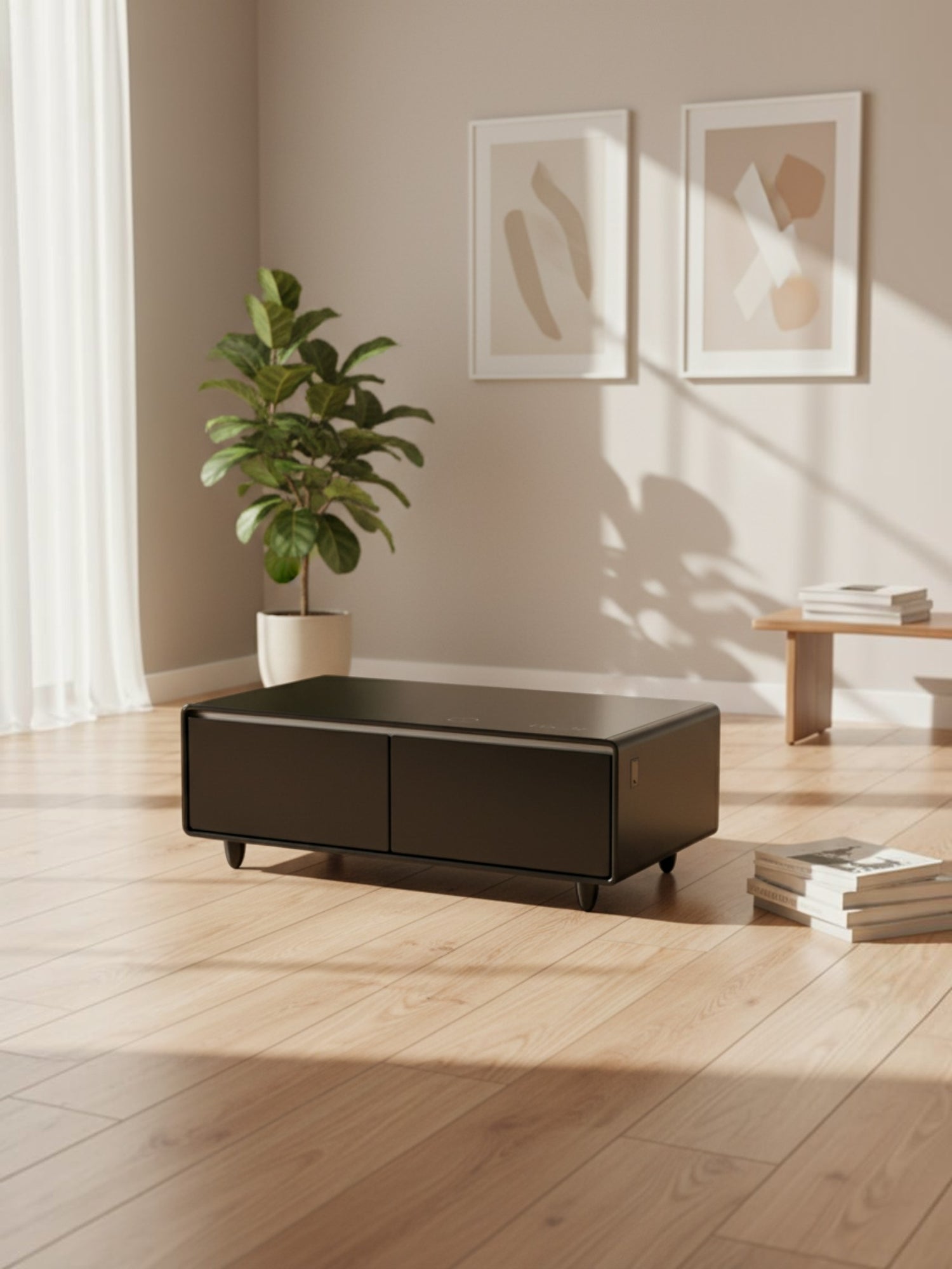 Table basse intelligente TOCO Meubles Party Time noire avec deux tiroirs et panneau de commande dans un salon moderne