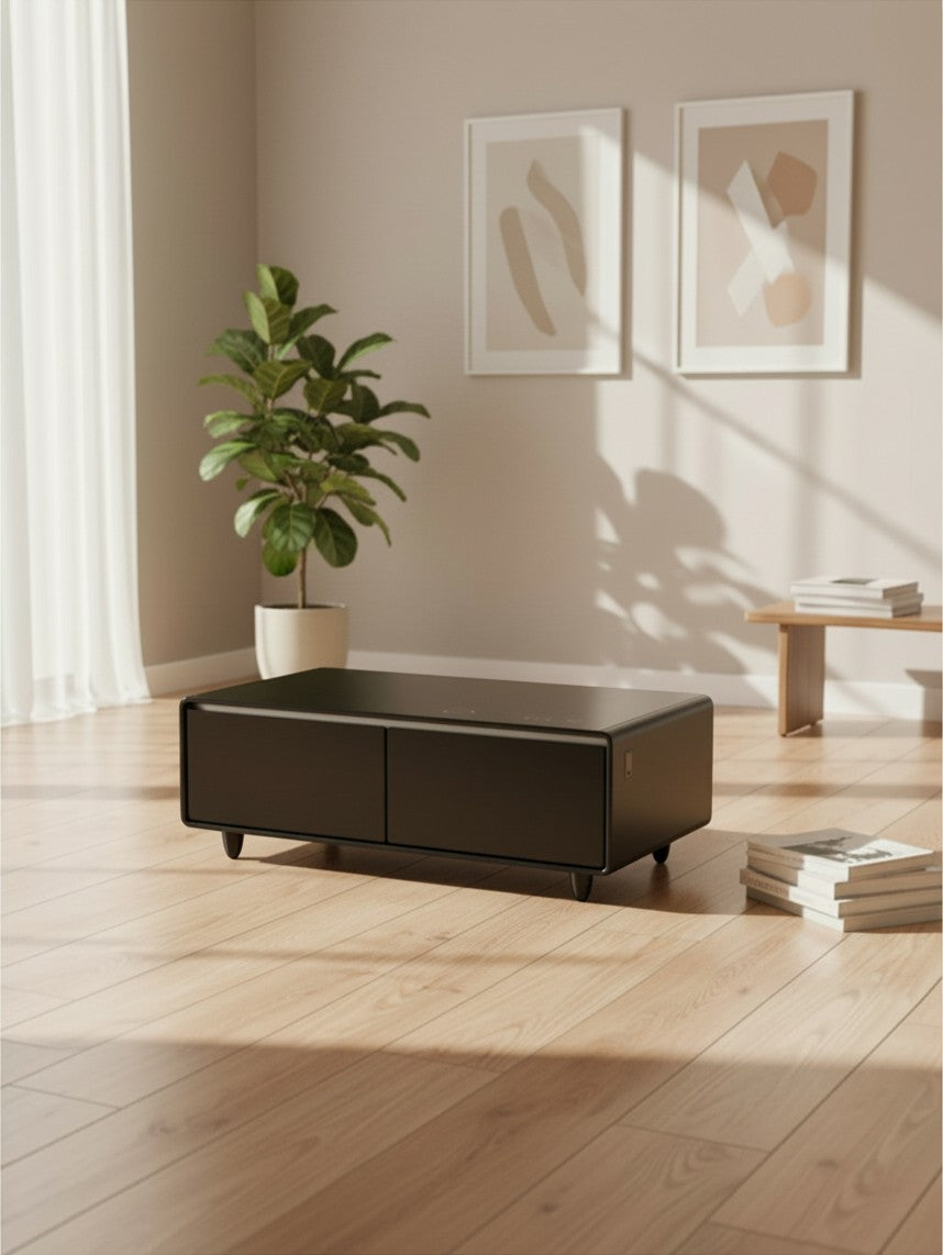 Table basse intelligente TOCO Meubles Party Time noire avec deux tiroirs et panneau de commande dans un salon moderne