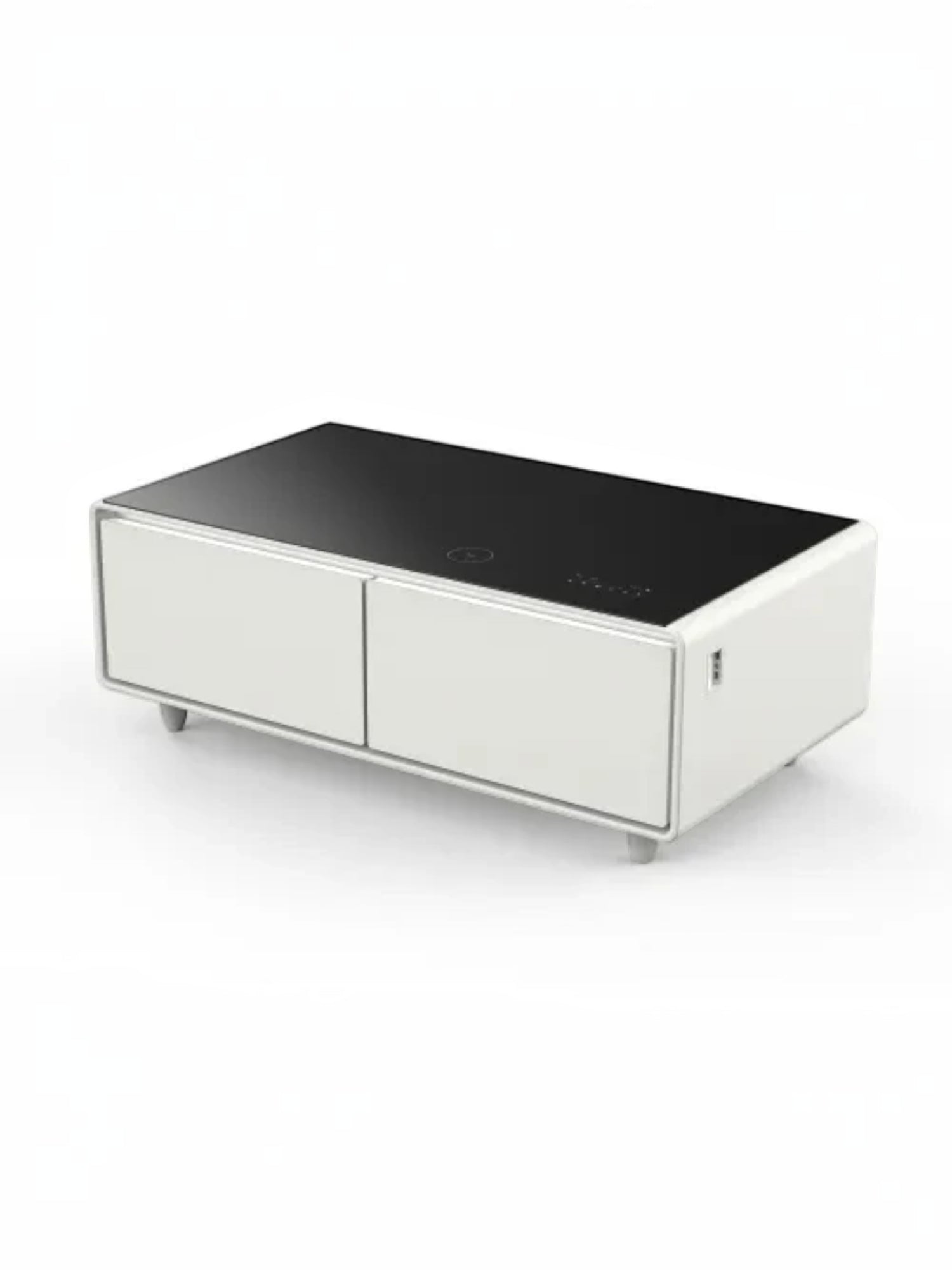 Table basse intelligente TOCO Meubles Party Time blanche avec plateau noir, deux tiroirs et commandes intégrées.