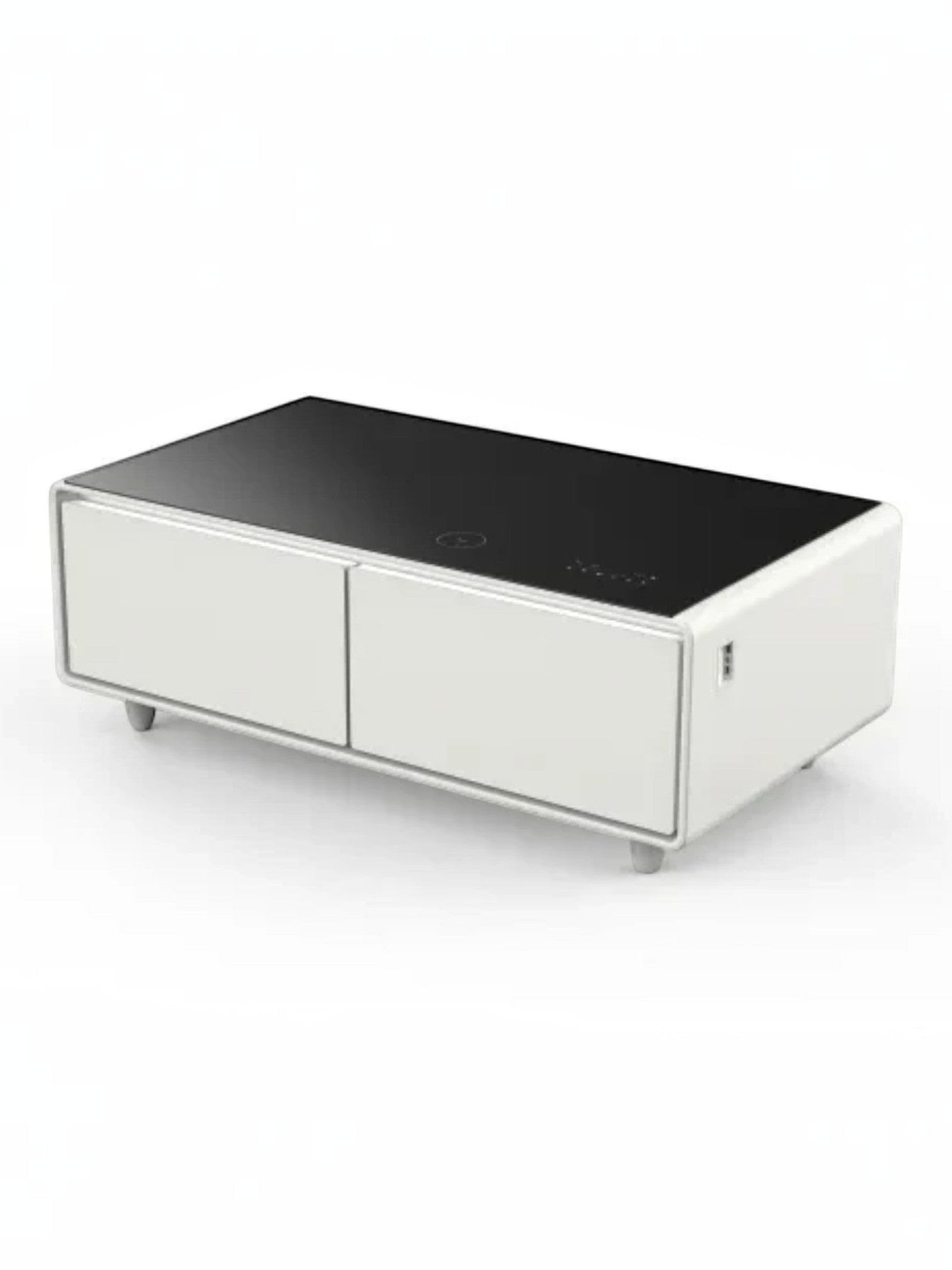 Table basse intelligente TOCO Meubles Party Time blanche avec plateau noir, deux tiroirs et commandes intégrées.