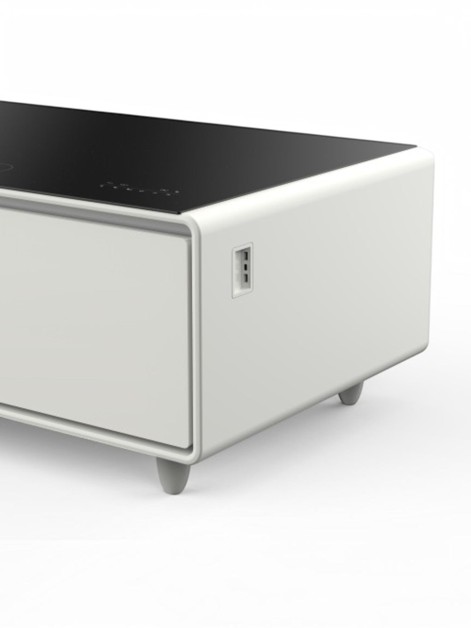 Table basse intelligente TOCO Meubles Party Time blanche avec plateau noir et port USB intégré pour salon moderne