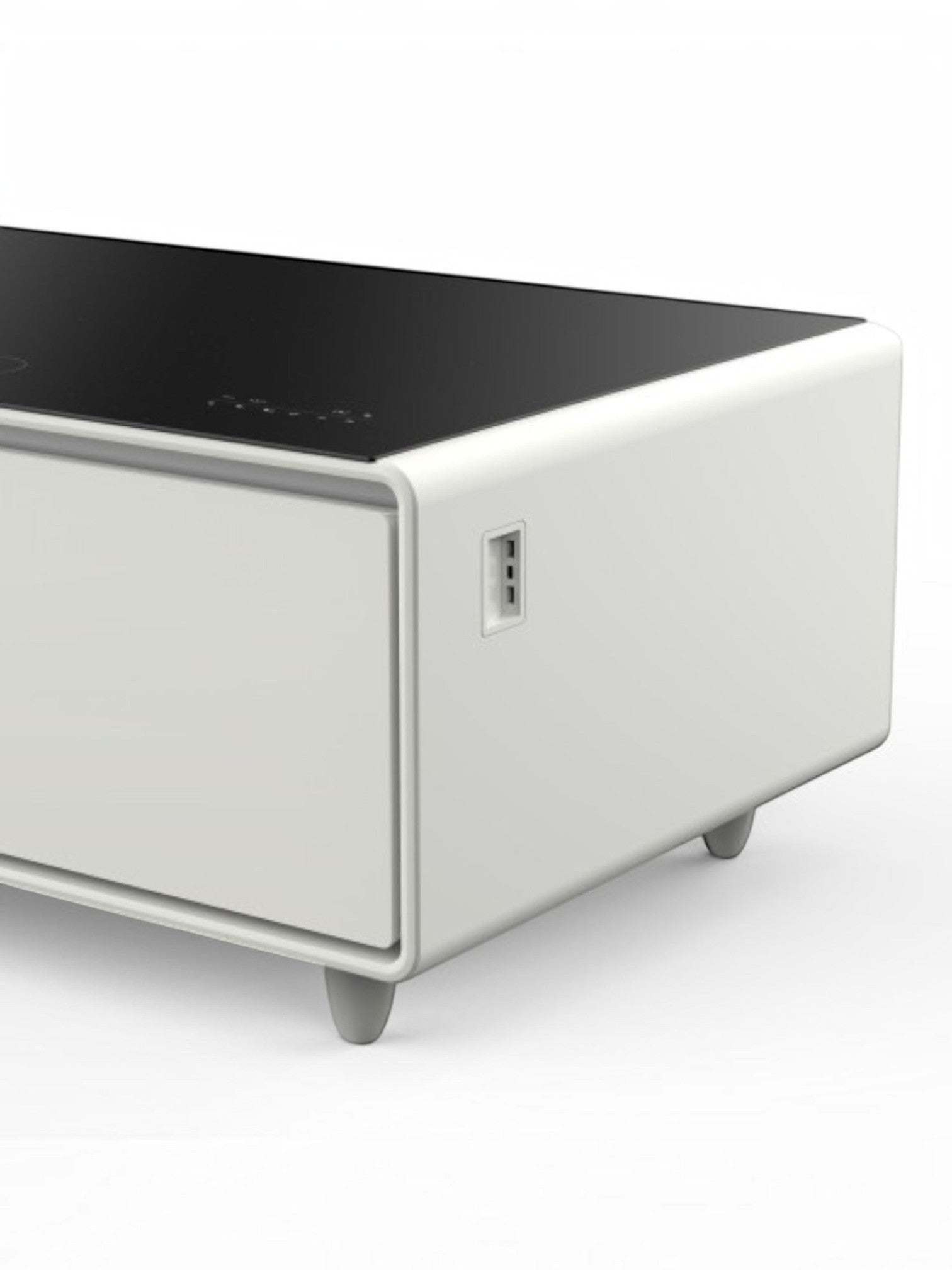 Table basse intelligente TOCO Meubles Party Time blanche avec plateau noir et port USB intégré pour salon moderne