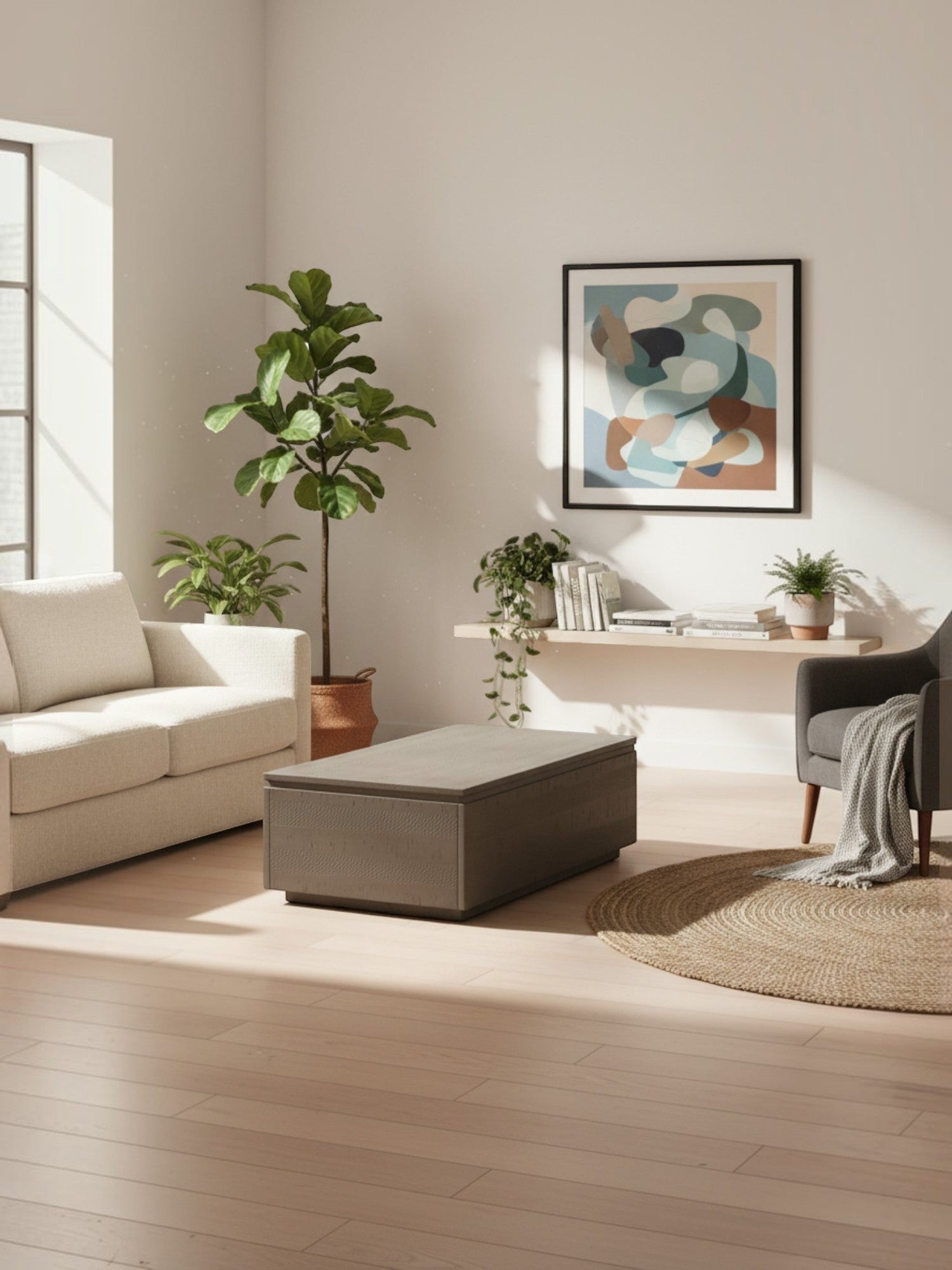 Table basse TOCO Meubles en orme ancien avec plateau relevable et rangement intégré dans un salon moderne lumineux
