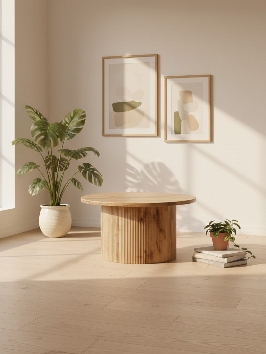 Table basse ronde TOCO Meubles Montclair en bois clair avec un pied central cannelé dans un salon lumineux