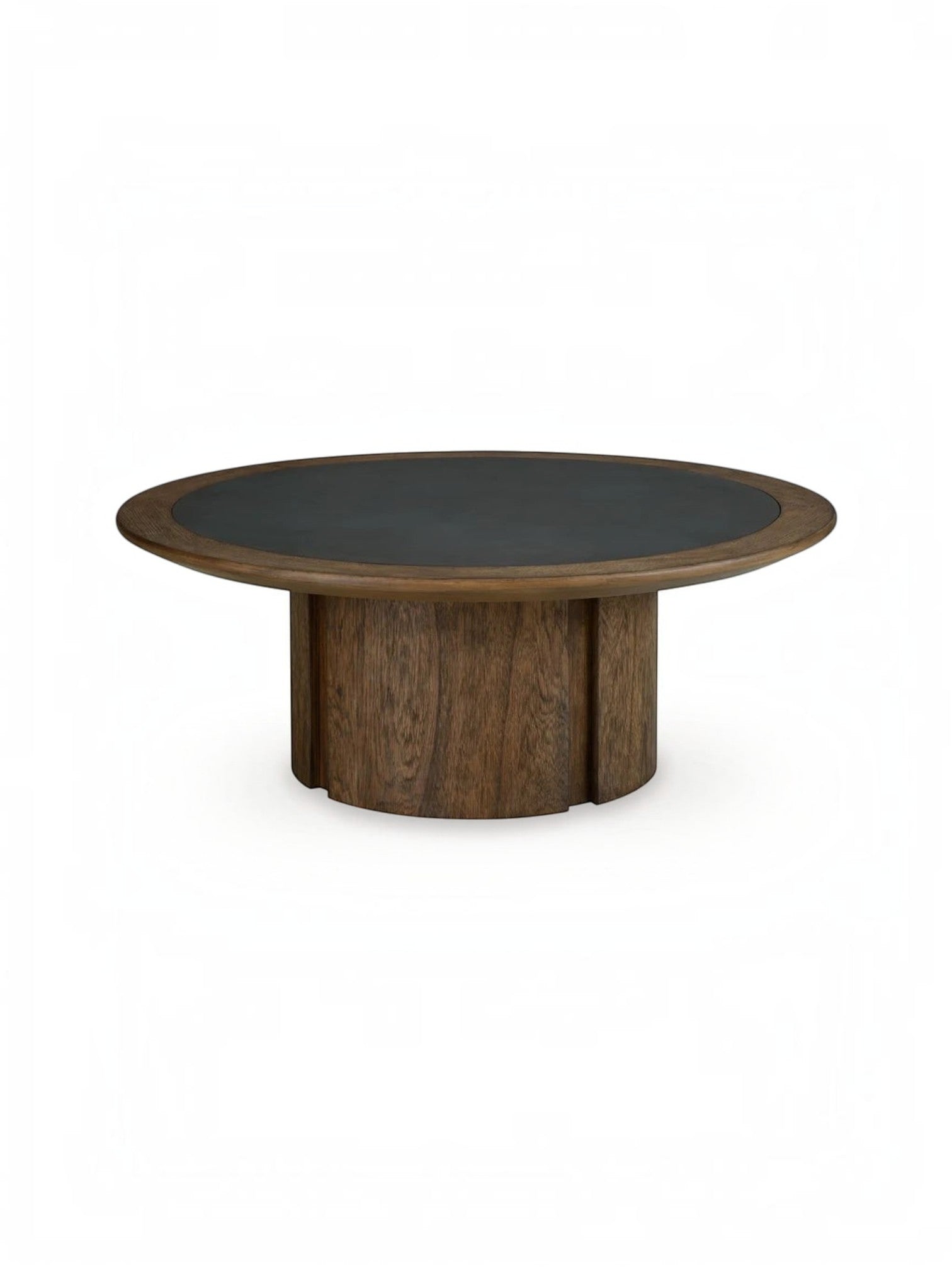 Table basse ronde Donta par TOCO Meubles avec plateau en bois foncé et centre noir mat sur pied cylindrique robuste