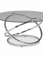 Ensemble de tables basses TOCO Meubles Nyx avec plateau en verre rond et base sculpturale en métal chromé brillant