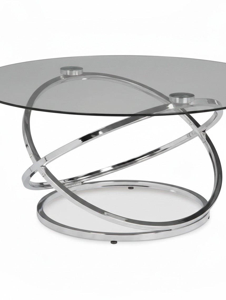 Ensemble de tables basses TOCO Meubles Nyx avec plateau en verre rond et base sculpturale en métal chromé brillant