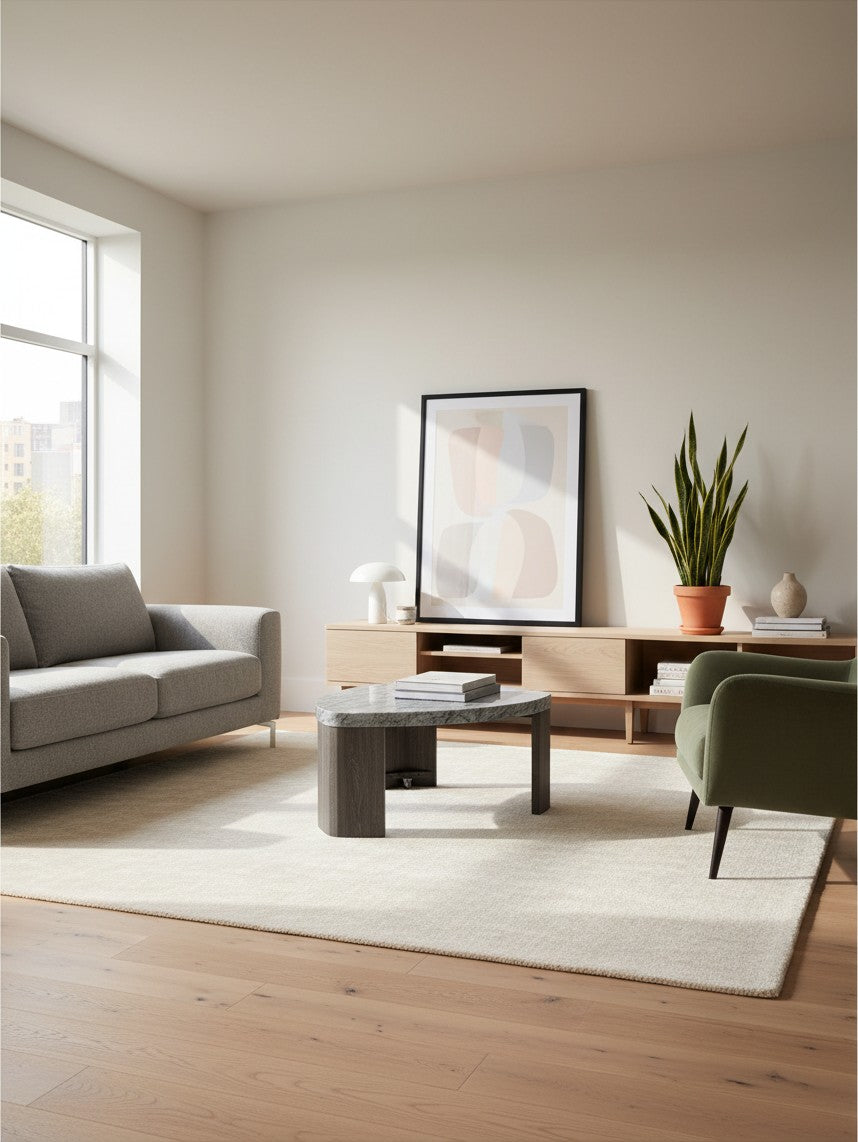 Table basse TOCO Meubles Somo avec plateau en pierre grise et pieds en bois foncé dans un salon moderne