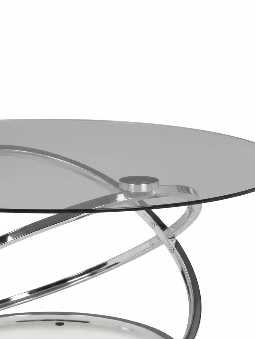 Ensemble de tables basses TOCO Meubles Nyx avec plateau en verre rond et base sculpturale en chrome brillant