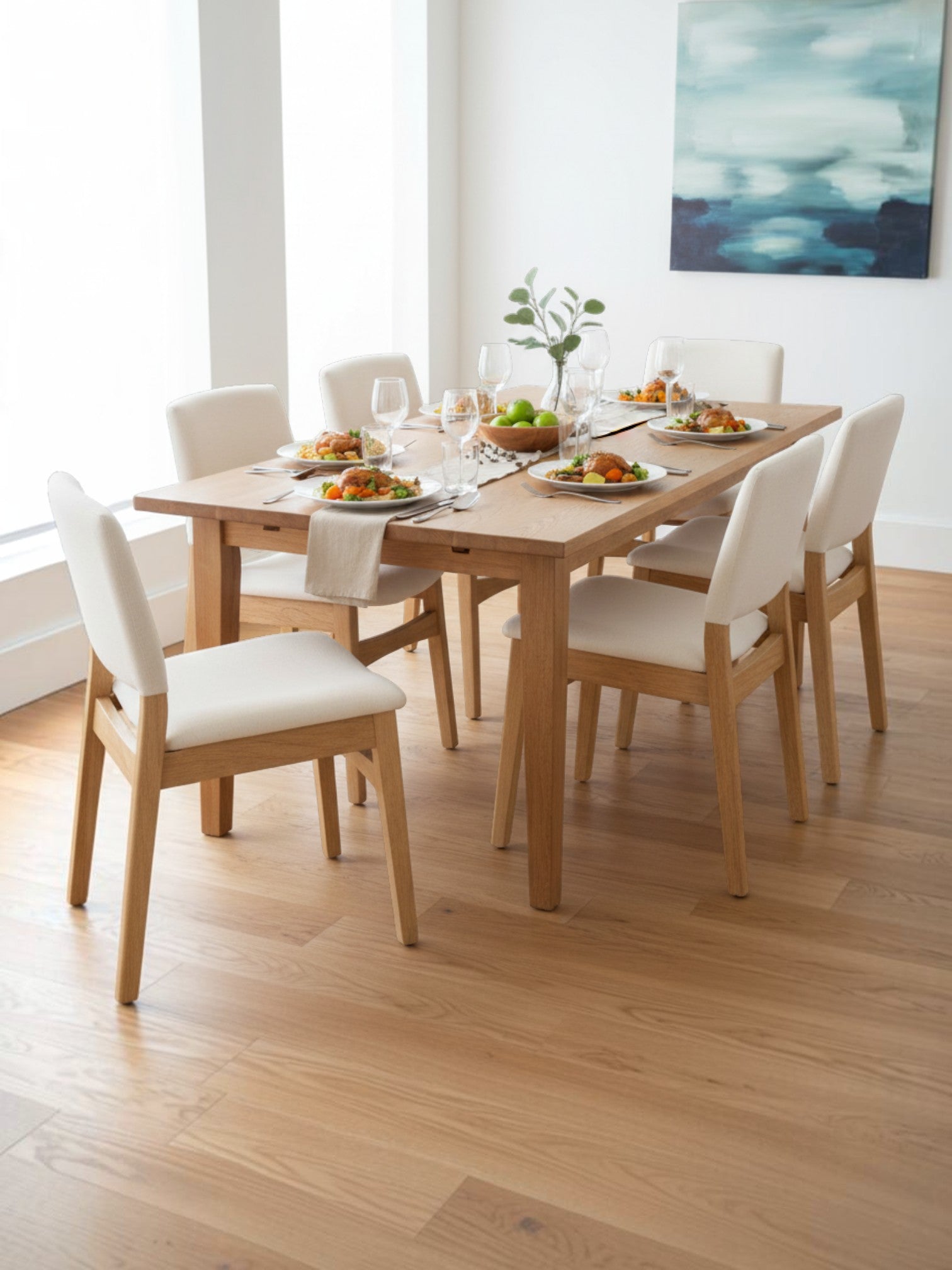 Ensemble de salle à manger TOCO Meubles avec table et chaises Transformer en chêne scandinave et tissu blanc