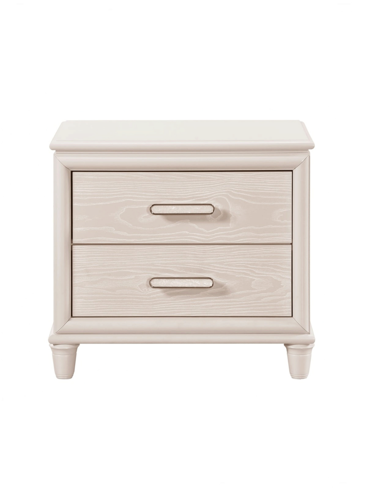 Table de chevet Ariane par TOCO Meubles en bois blanc avec deux tiroirs à façades embossées et poignées chromées
