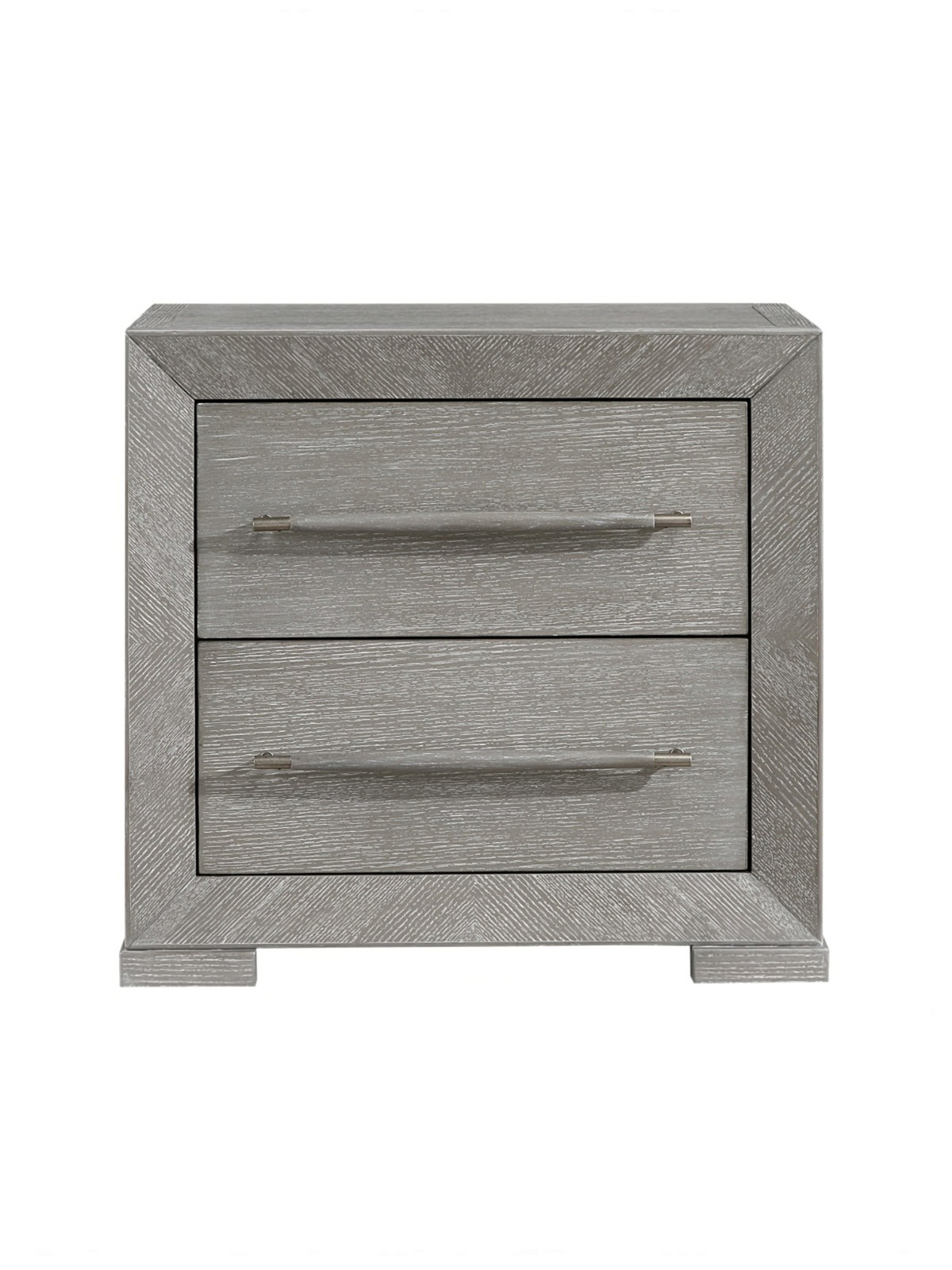 Table de chevet TOCO Meubles Arthur grise avec deux tiroirs en placage de chêne et poignées en bois contemporaines