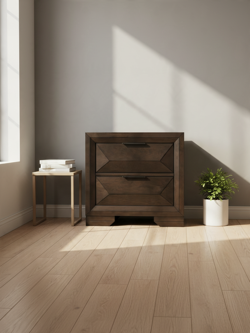 Table de chevet TOCO Meubles Basile en bois espresso avec deux tiroirs à panneaux surélevés et poignées en bronze