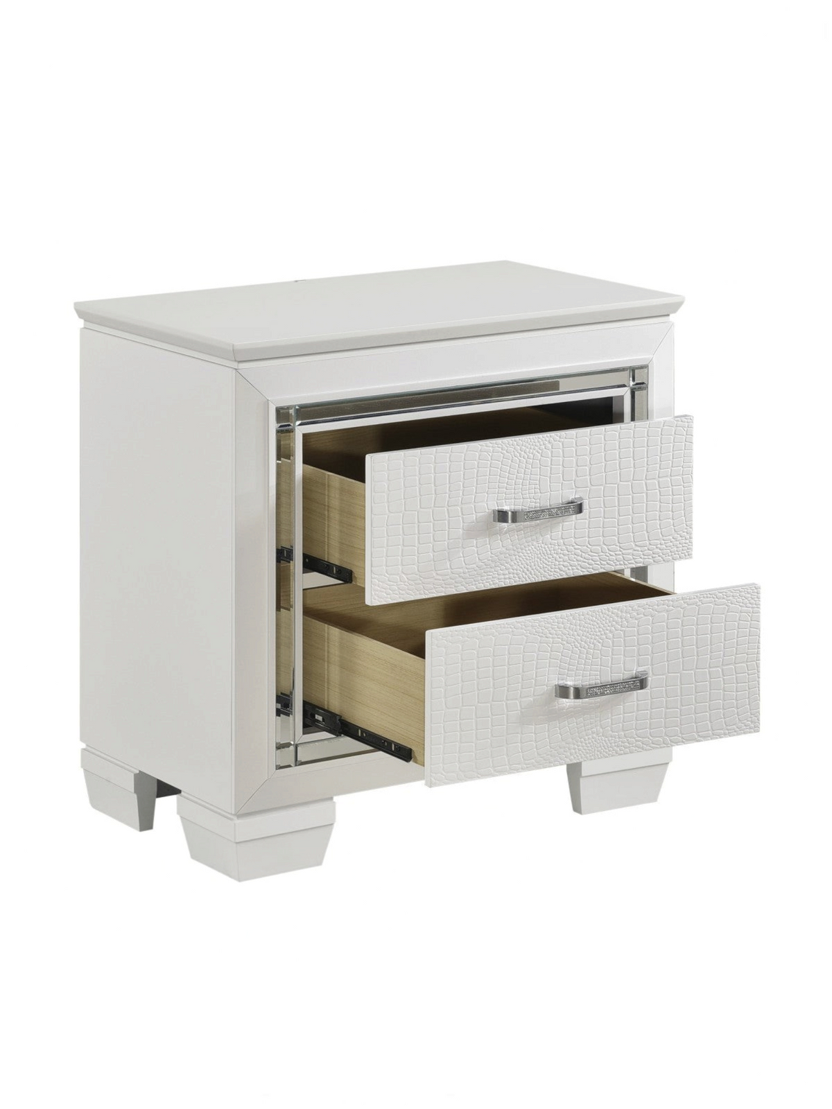 Table de chevet blanche TOCO Meubles Aurore avec deux tiroirs texturés imitation alligator et bordures miroir