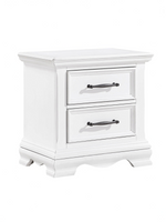 Table de chevet TOCO Meubles Florence blanche avec deux tiroirs et poignées en nickel noir sur fond blanc