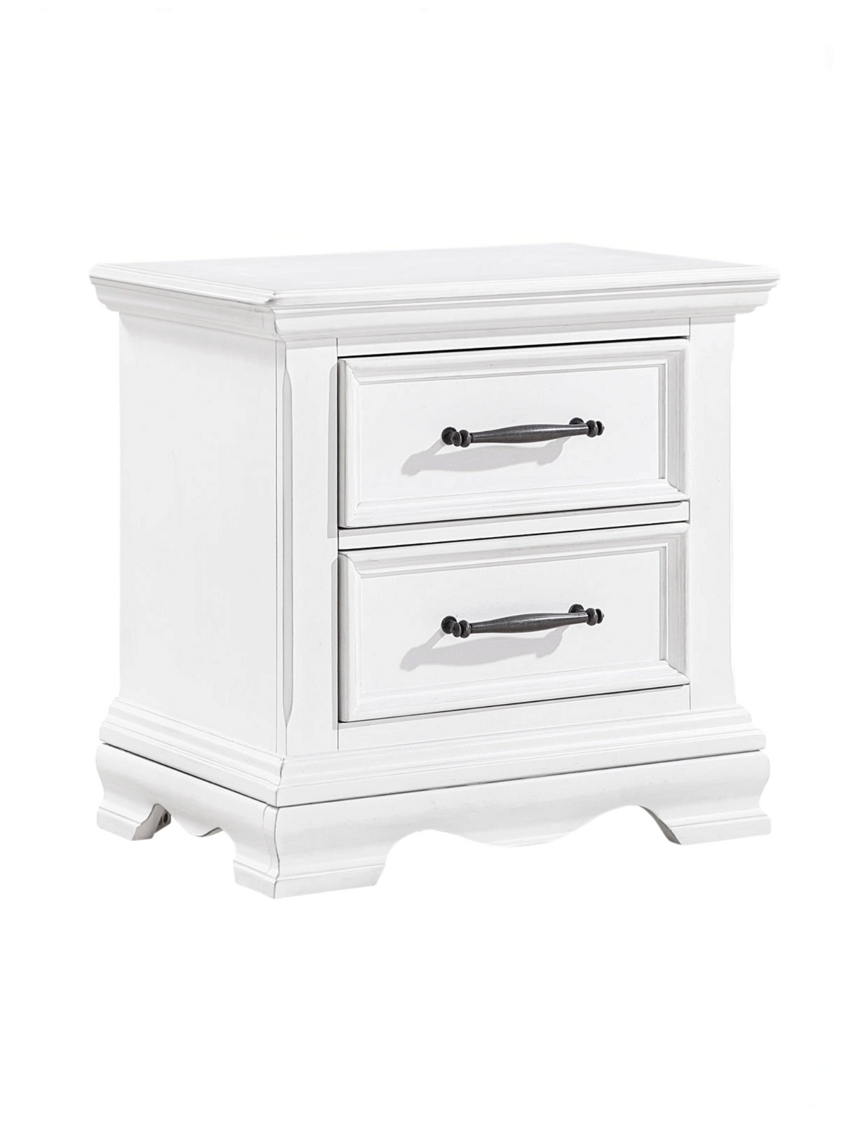 Table de chevet TOCO Meubles Florence blanche avec deux tiroirs et poignées en nickel noir sur fond blanc