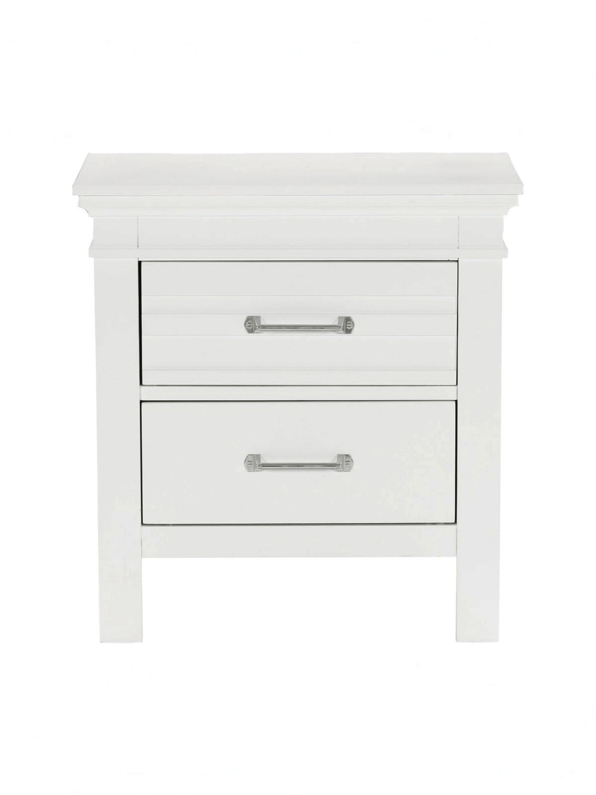 Table de chevet blanche Rosalie par TOCO Meubles avec deux tiroirs et poignées chromées