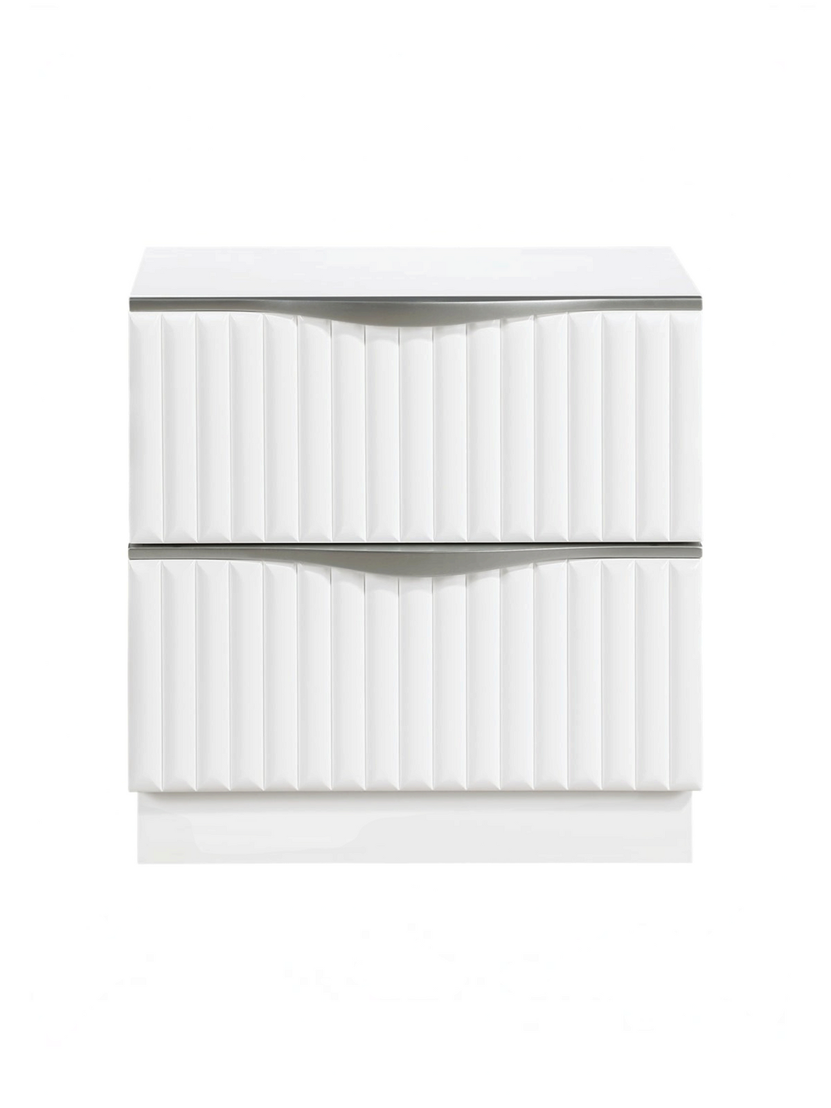 Table de chevet TOCO Meubles Céleste blanc perle avec deux tiroirs à façades texturées et poignées argentées