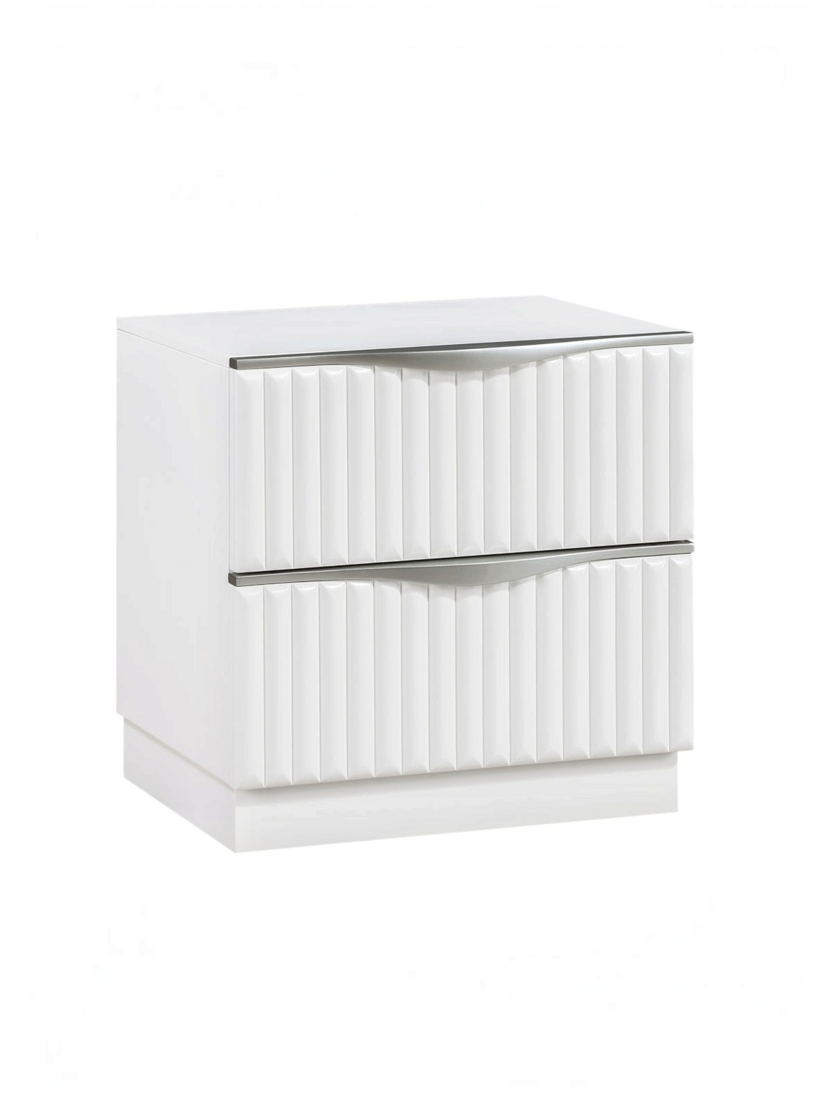 Table de chevet TOCO Meubles Céleste blanc perle avec deux tiroirs à façades texturées et poignées argentées modernes.