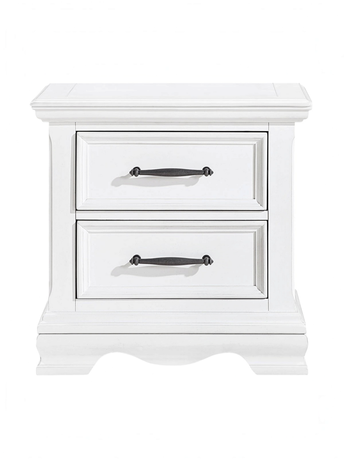 Table de chevet TOCO Meubles Florence blanche avec deux tiroirs et poignées en nickel noir