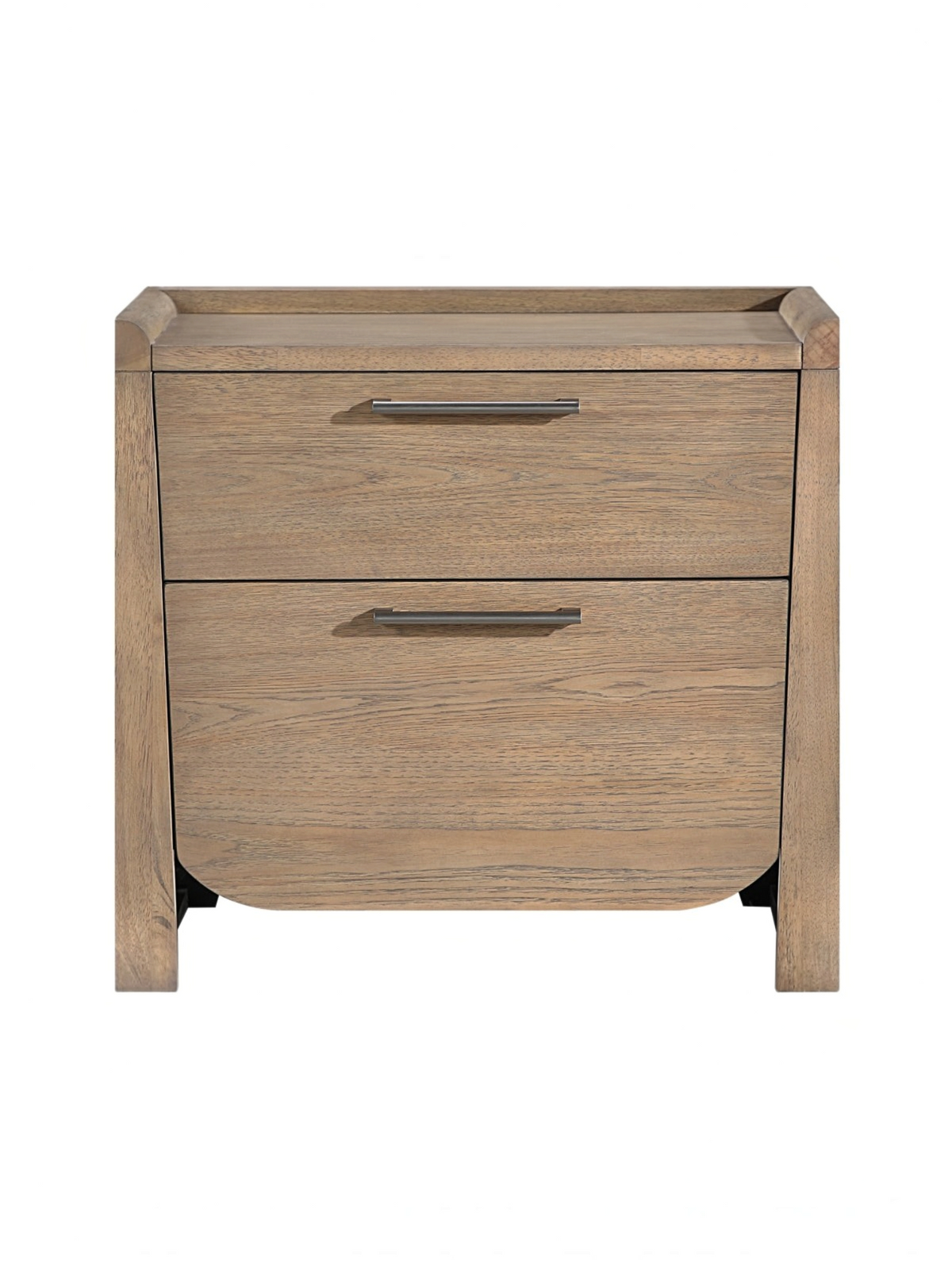 Table de chevet TOCO Meubles Samora en placage de hickory brun clair avec deux tiroirs et poignées en nickel
