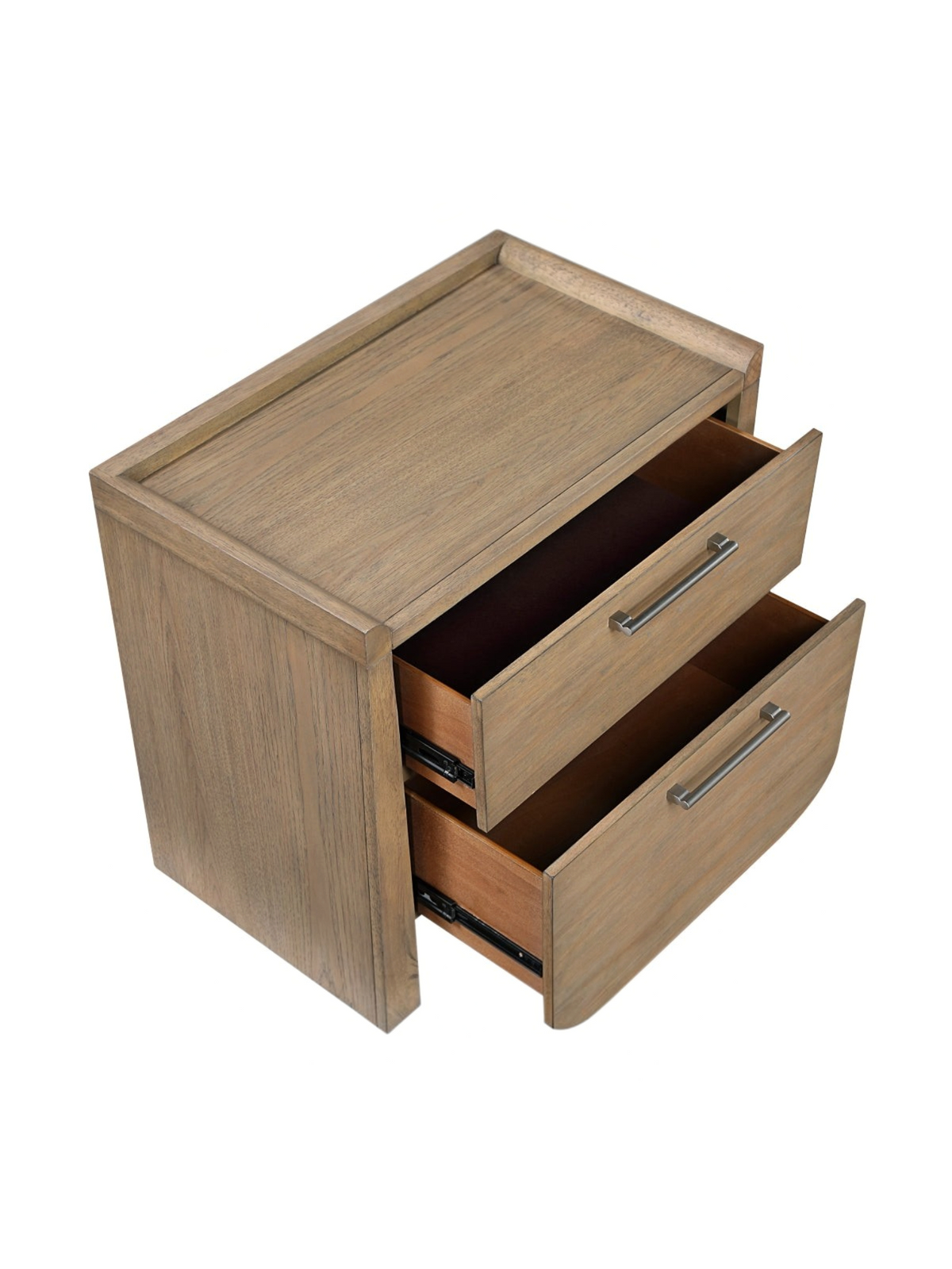 Table de chevet TOCO Meubles Samora en bois brun clair avec deux tiroirs et poignées modernes en nickel