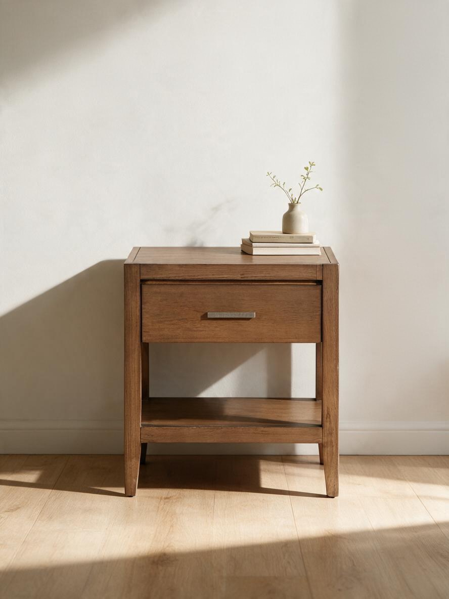 Table de chevet transitionnelle TOCO Meubles en bois brun clair brossé avec un tiroir et une poignée en laiton antique