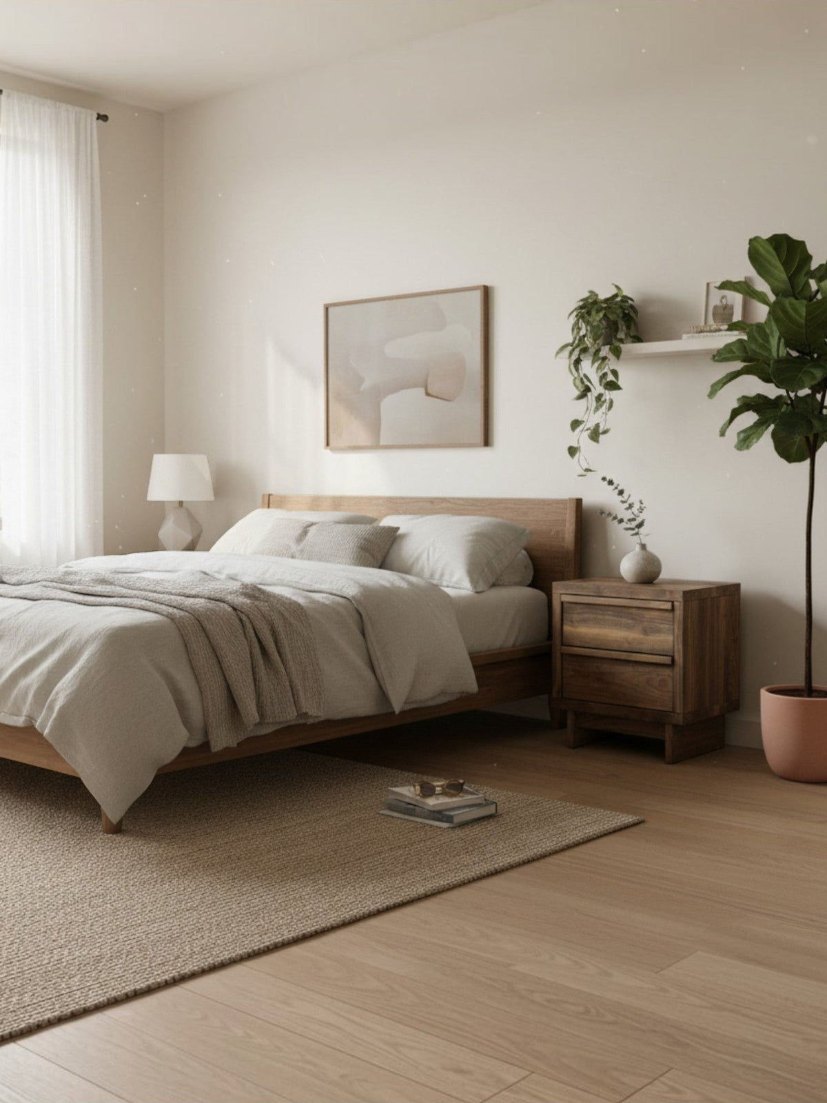 Table de chevet Alma TOCO Meubles en bois avec deux tiroirs dans une chambre contemporaine lumineuse