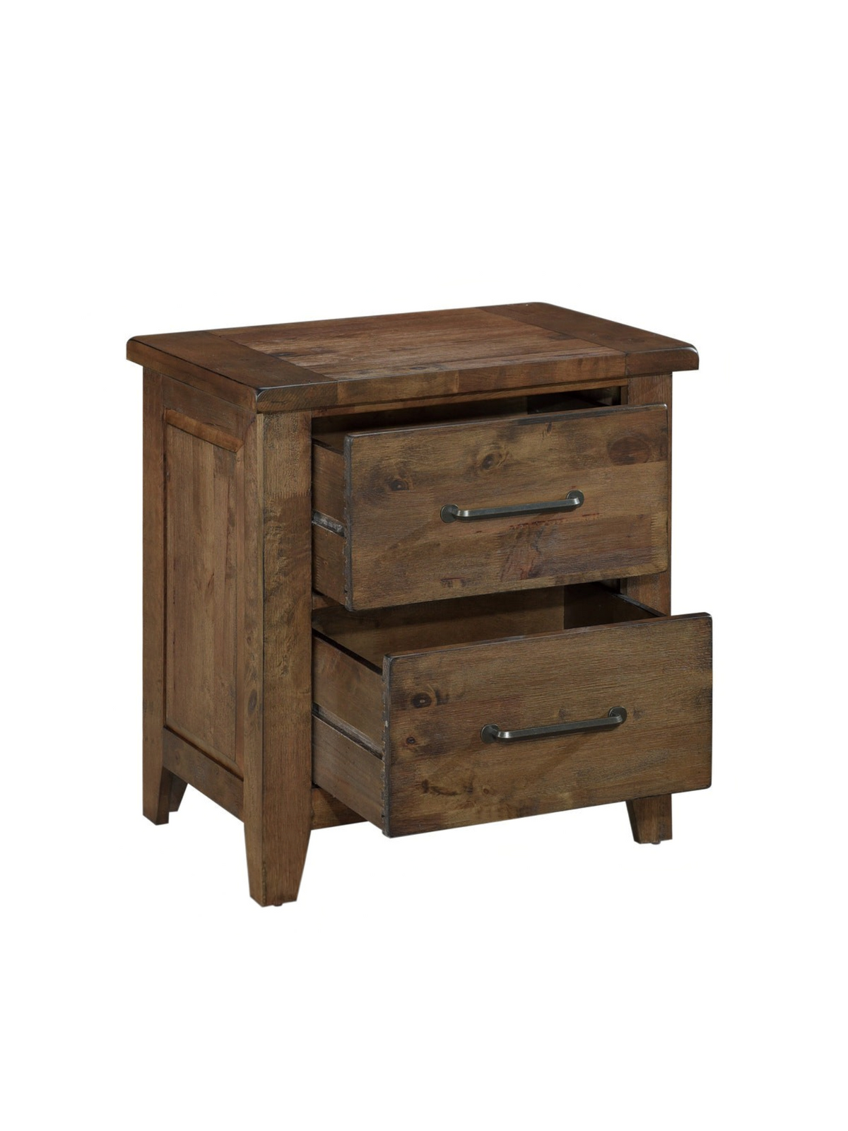 Table de chevet rustique TOCO Meubles Jules en bois d'hévéa brun bruni avec deux tiroirs et poignées en laiton antique
