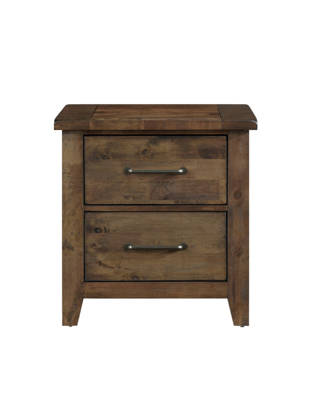 Table de chevet rustique TOCO Meubles Jules en bois d'hévéa massif brun bruni avec deux tiroirs et poignées en laiton