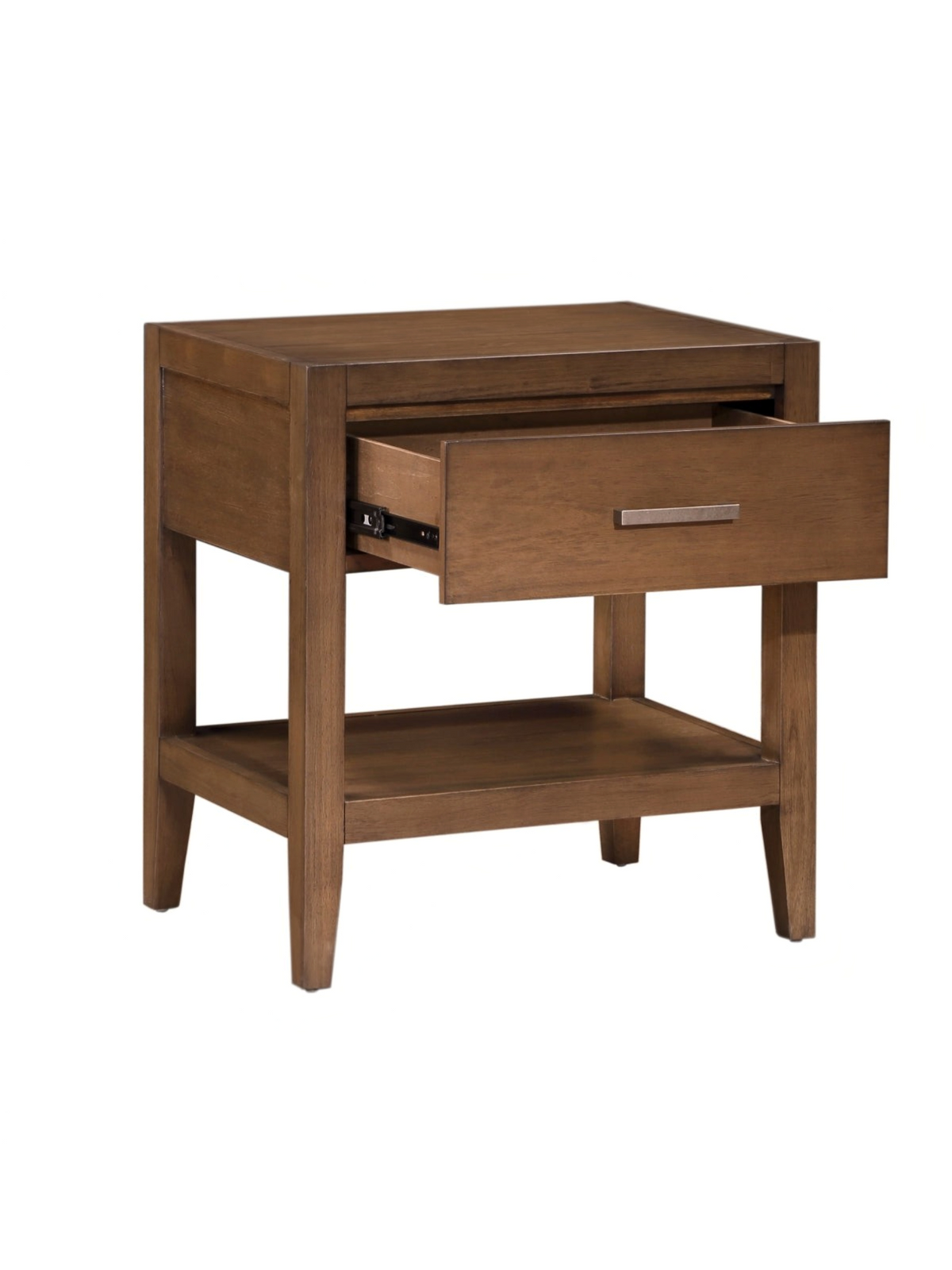 Table de chevet transitionnelle TOCO Meubles Antoine en bois brun clair brossé avec tiroir et tablette ouverte