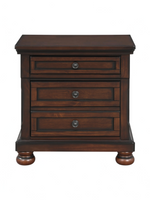 Table de chevet TOCO Meubles Talia en bois fini cerisier brun avec tiroir caché, boutons bronze et pieds boule