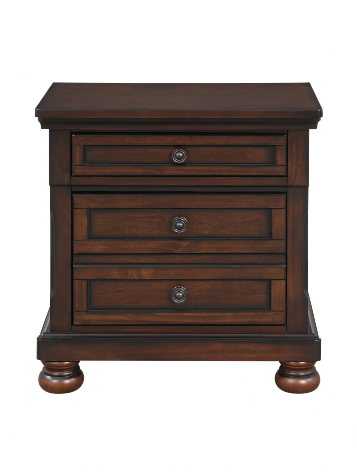 Table de chevet TOCO Meubles Talia en bois fini cerisier brun avec tiroir caché, boutons bronze et pieds boule