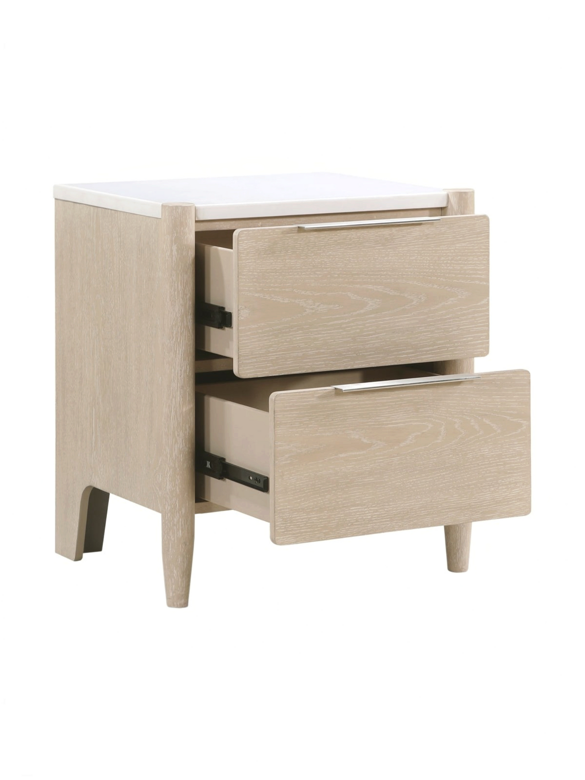 Table de chevet TOCO Meubles Laurent en placage de chêne clair avec dessus en marbre blanc et deux tiroirs