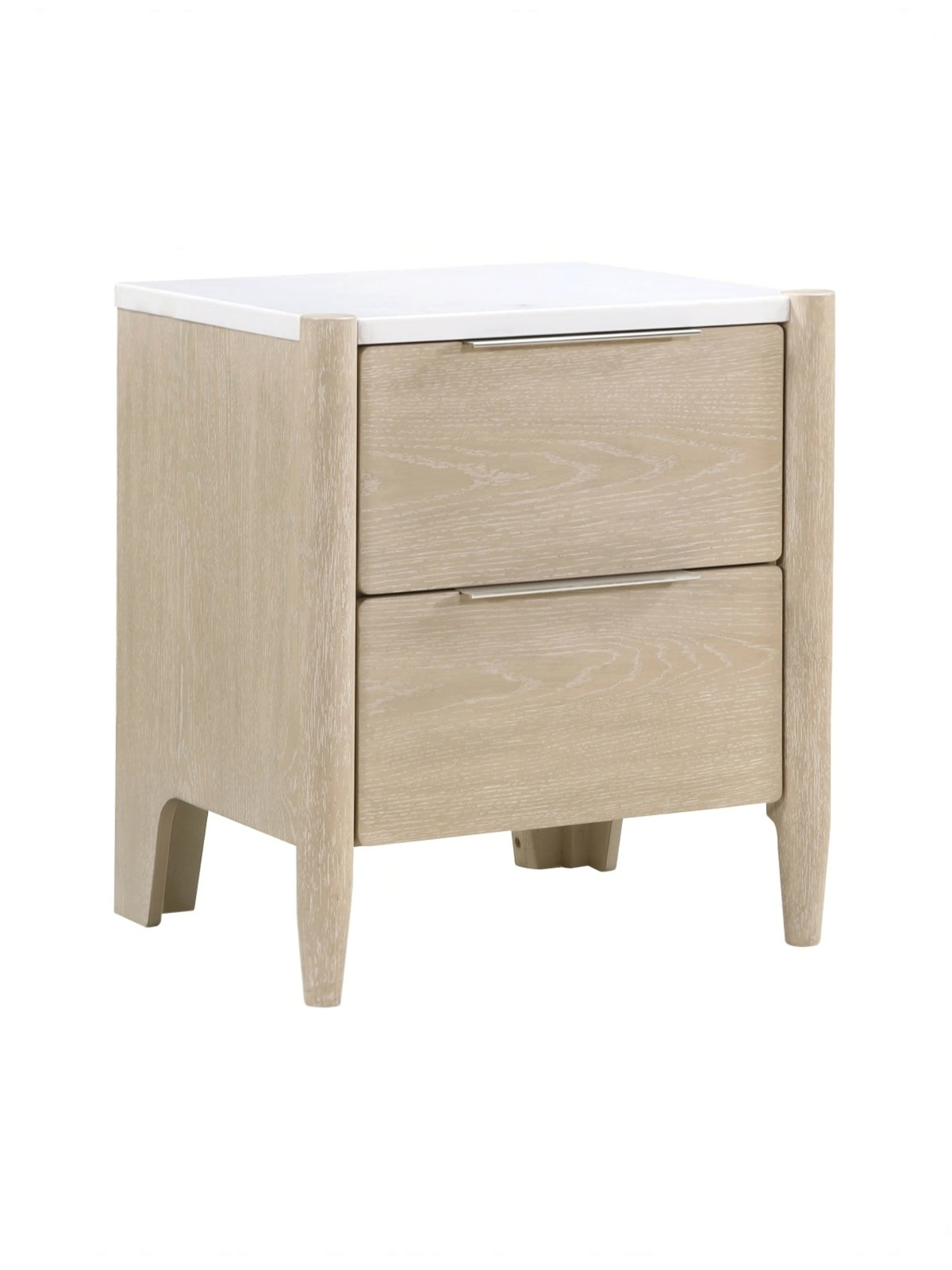 Table de chevet TOCO Meubles Laurent en placage de chêne clair avec dessus en marbre blanc et deux tiroirs