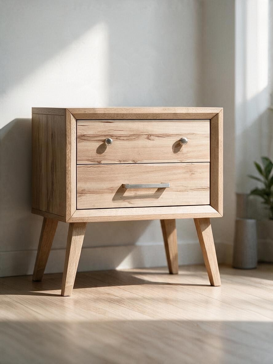 Table de chevet TOCO Meubles Joaquin en chêne naturel avec deux tiroirs et poignées en nickel brossé style moderne