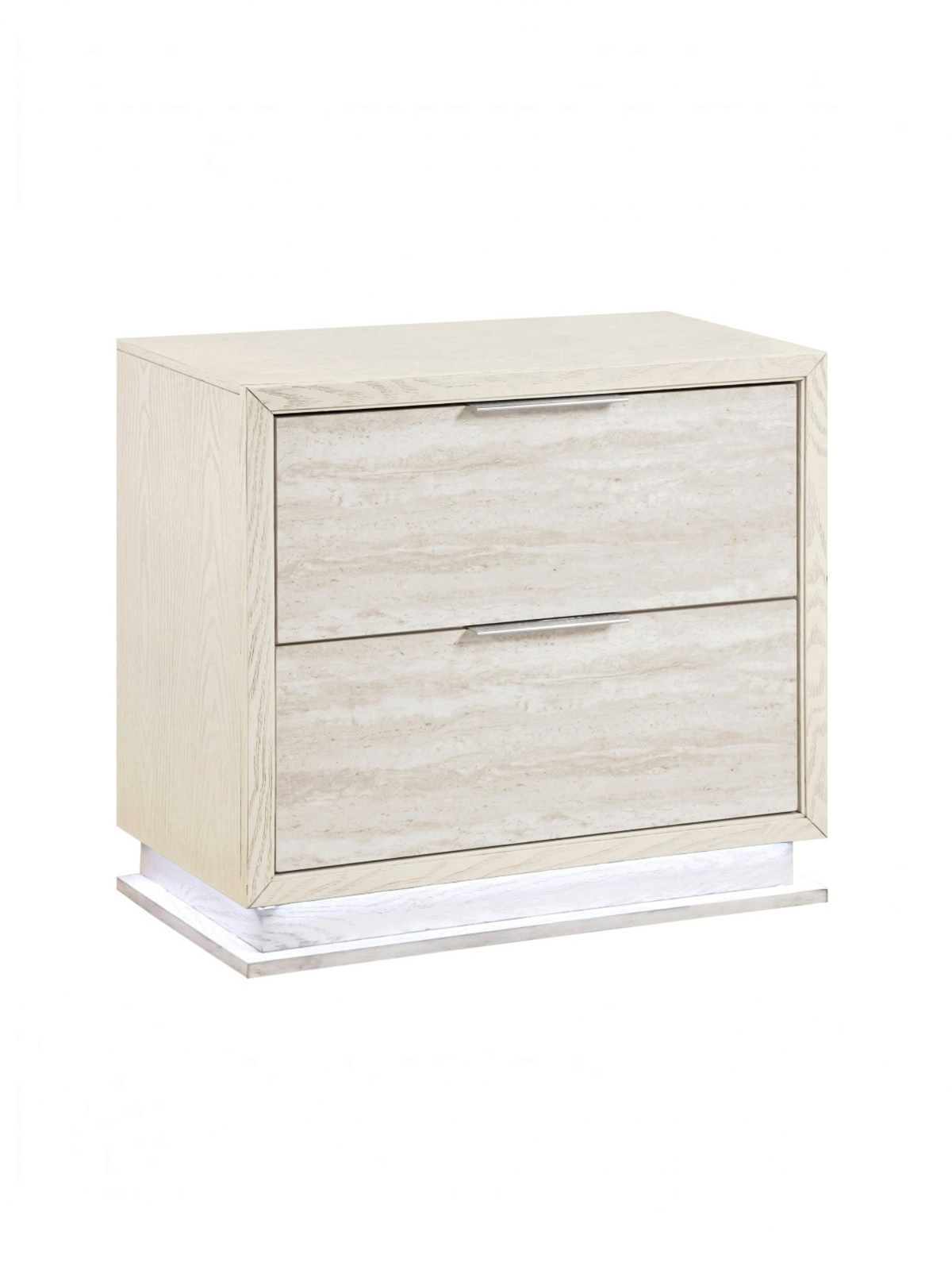 Table de chevet TOCO Meubles Éloïse blanche et grise avec deux tiroirs, poignées argentées et éclairage DEL intégré