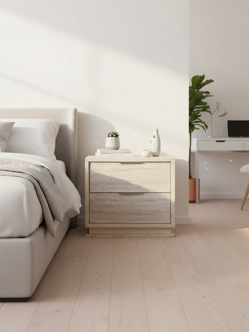 Table de chevet TOCO Meubles Éloïse à deux tiroirs avec finition bois clair texturé dans une chambre moderne