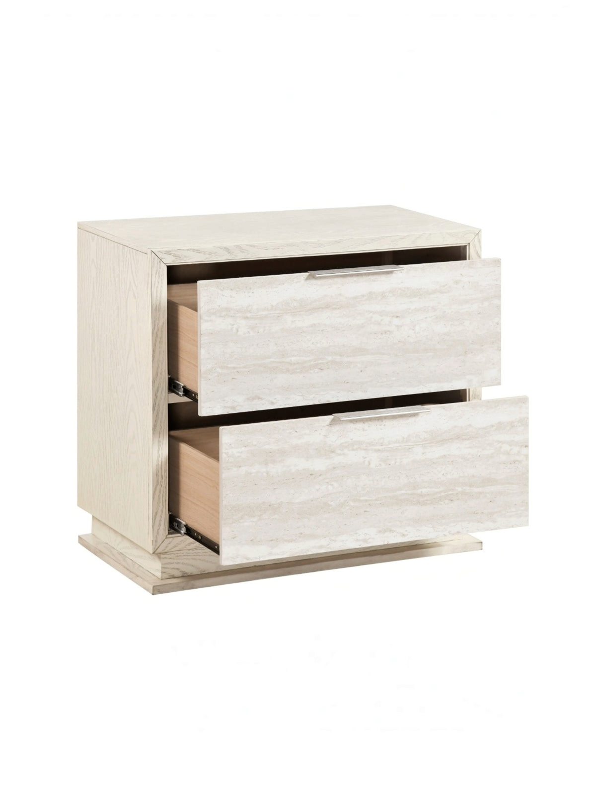 Table de chevet TOCO Meubles Éloïse blanche et grise avec deux tiroirs texturés et poignées argentées