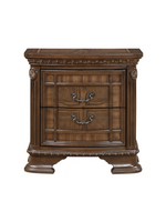 Table de chevet TOCO Meubles Émile en bois brun foncé avec deux tiroirs, moulures sculptées et poignées en bronze