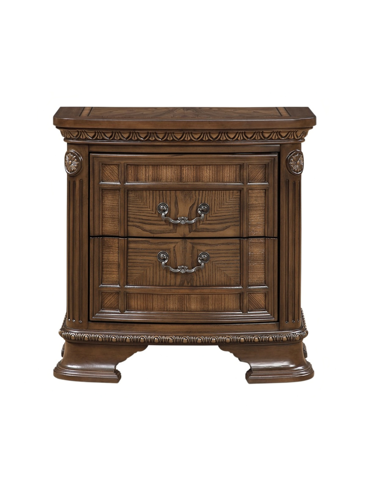 Table de chevet TOCO Meubles Émile en bois brun foncé avec deux tiroirs, moulures sculptées et poignées en bronze