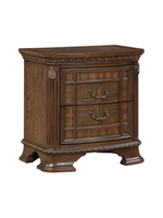 Table de chevet TOCO Meubles Émile en bois brun foncé avec deux tiroirs, moulures sculptées et poignées en bronze.