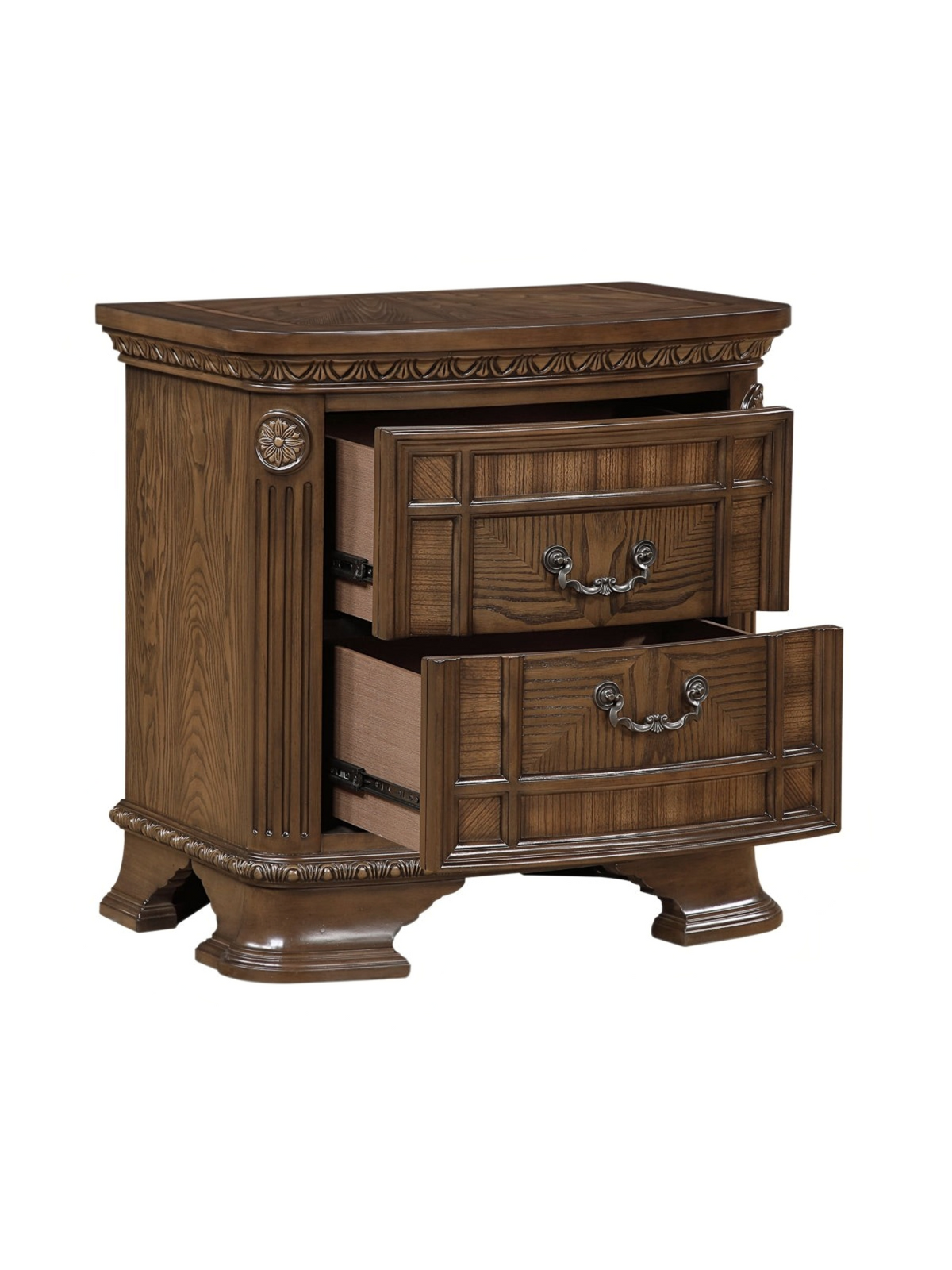 Table de chevet TOCO Meubles Émile en bois brun foncé avec deux tiroirs sculptés et poignées en bronze antique