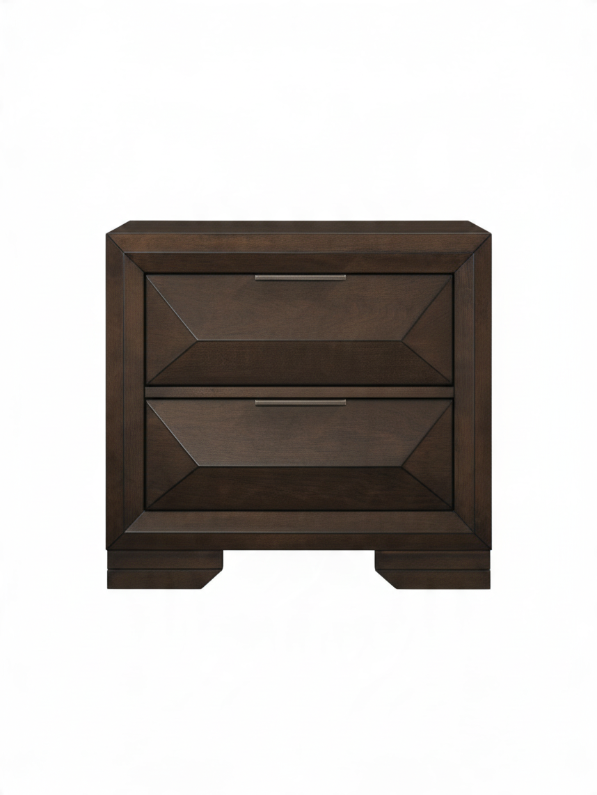 Table de chevet TOCO Meubles Basile en bois espresso avec deux tiroirs à panneaux surélevés et poignées en bronze