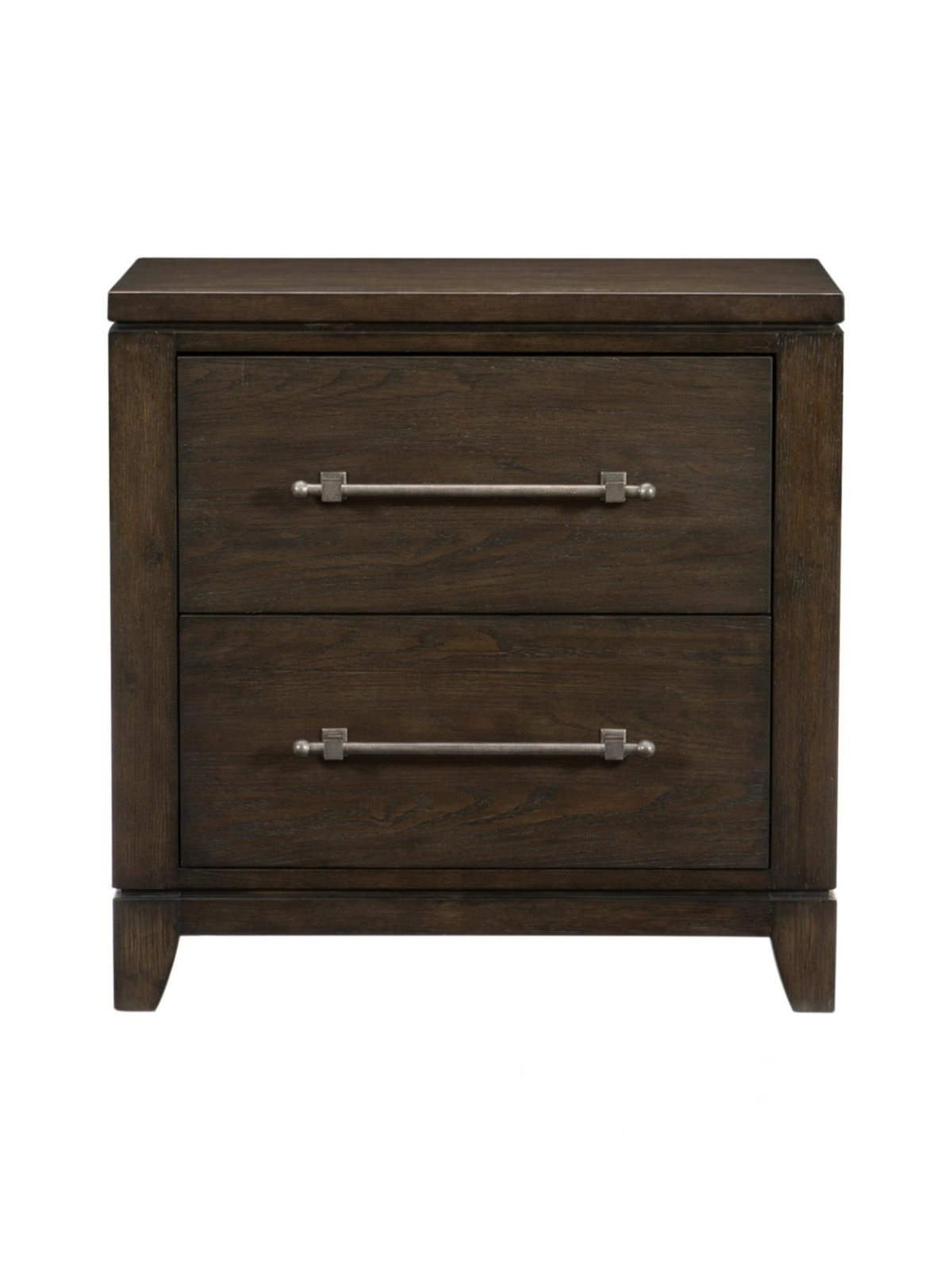 Table de chevet TOCO Meubles Gaston en placage de frêne brun foncé avec deux tiroirs et poignées en étain vieilli