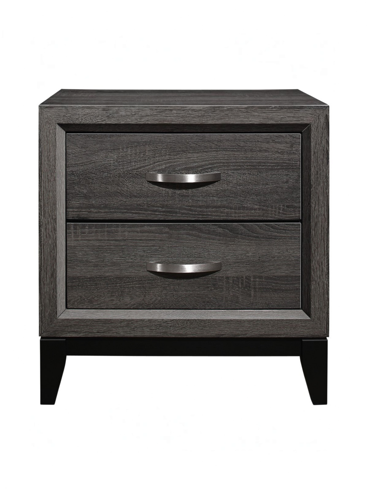 Table de chevet TOCO Meubles Elio grise avec deux tiroirs, poignées chromées et fini grain de bois moderne.