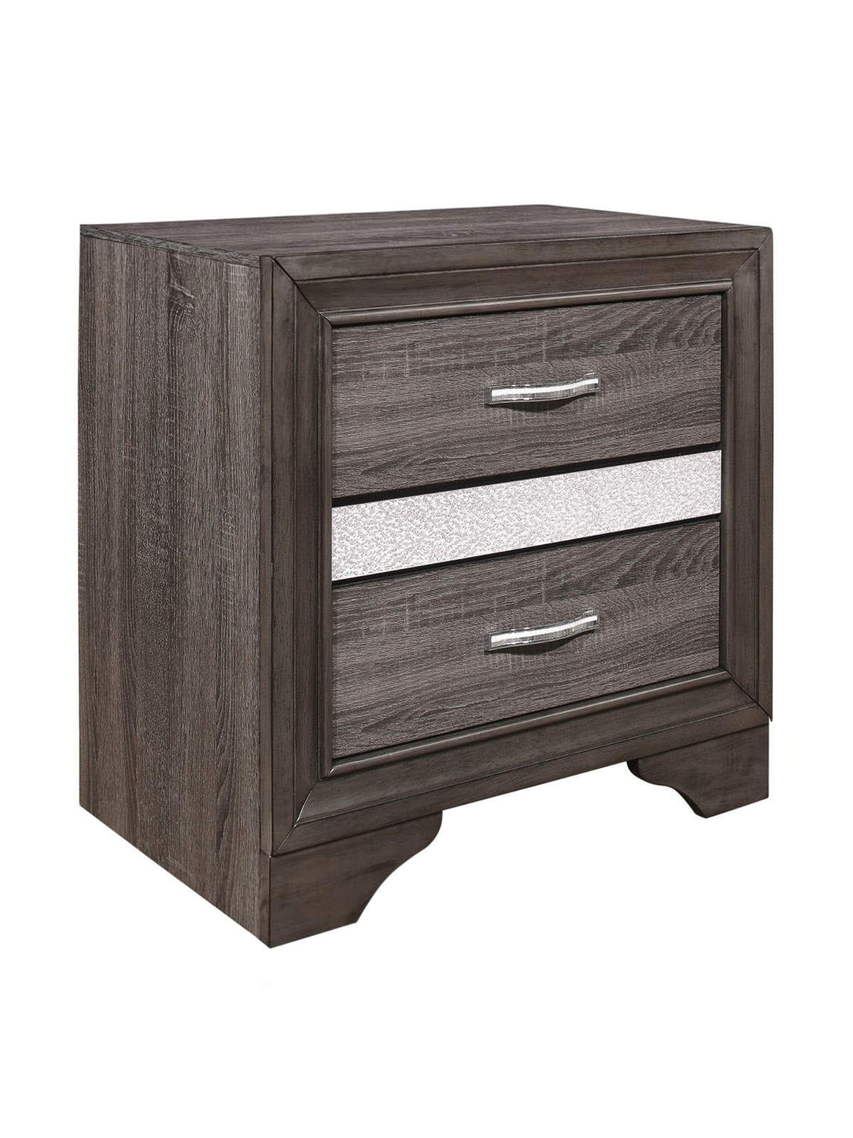 Table de chevet Ines par TOCO Meubles en bois gris avec tiroirs, bande pailletée argentée et poignées chromées